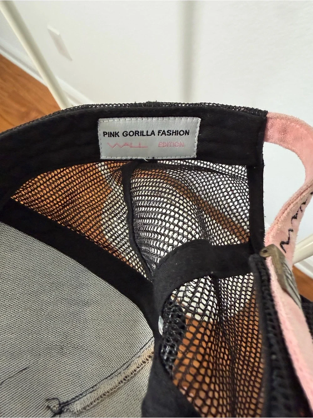 PINK Victoria's Secret Black Trucker Hat with Pink Embroidered Gorilla Logo
